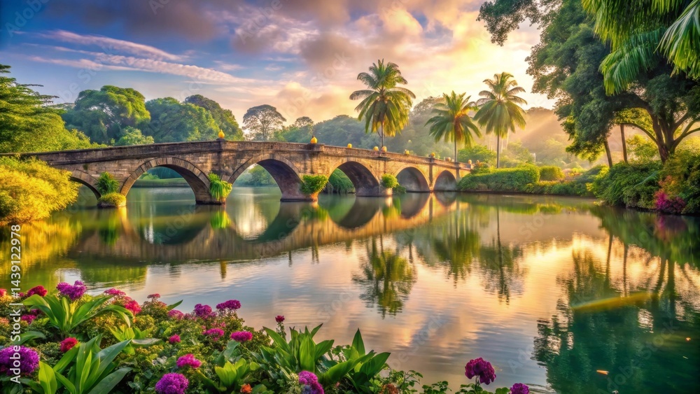 Fototapeta premium Serene Sunrise Over a Picturesque Stone Arch Bridge Reflecting in a Tranquil Lake Surrounded by Lush Tropical Foliage and Vibrant Flowers