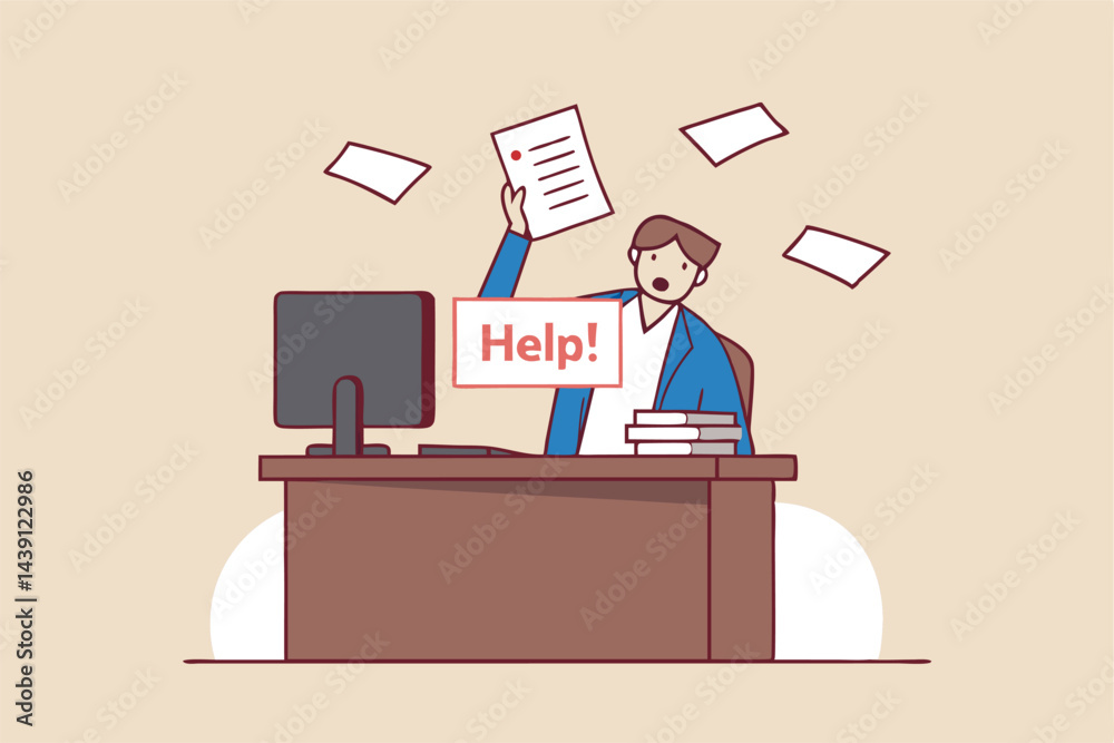 Asking for help to finish overload work, support or help needed, solution to solve busy work problem, overworked or trouble concept, depressed businessman hold help needed sign on busy working desk. Asking for help to finish overload work, support or help needed, solution to solve busy work problem, overworked or trouble concept, depressed businessman hold help needed sign on busy working desk.