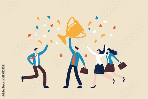 Success work achievement or team victory, winner or leadership, career success or champion celebration, winning award concept, joyful business people team colleagues celebrate success winning trophy.