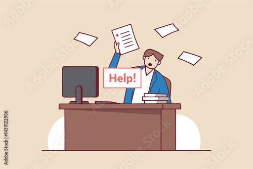 Asking for help to finish overload work, support or help needed, solution to solve busy work problem, overworked or trouble concept, depressed businessman hold help needed sign on busy working desk.