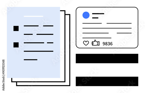 Stacked papers beside a social feed interface featuring user engagement stats, thumbs up count, and posts. Ideal for analytics, engagement, content strategy, document management, media planning