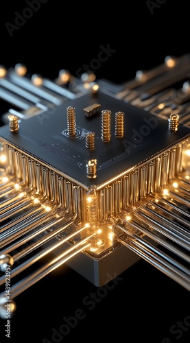 Close-up of Computer Processor with Golden Metallic Details and Light