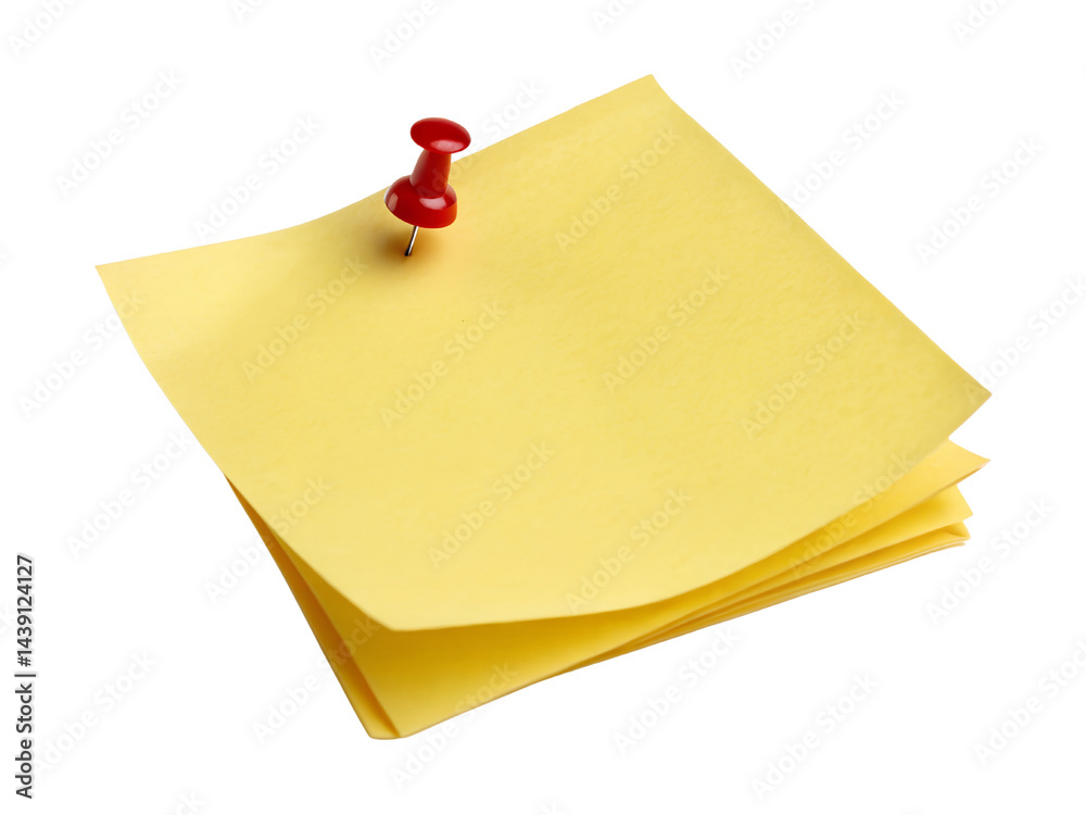 Yellow Sticky Note with Red Push Pin Isolate on transparent background cutout, PNG file, Cutout file