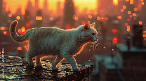 Elegant white cat walking along a rooftop edge