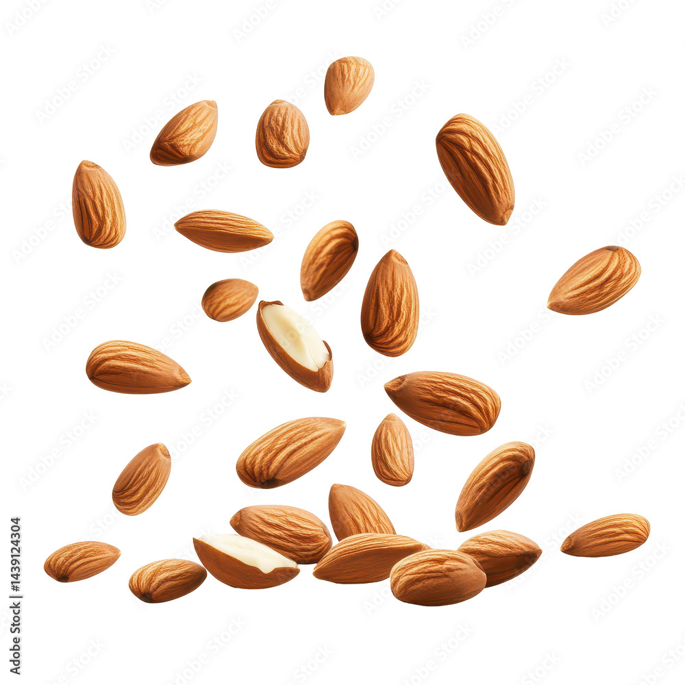 Almonds scatter across white surface creating dynamic food composition for culinary inspiration Almonds scatter across white surface creating dynamic food composition for culinary inspiration