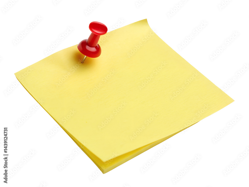 Yellow Sticky Note with Red Push Pin Isolate on transparent background cutout, PNG file, Cutout file