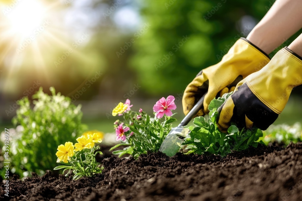 Fototapeta premium Blossoming land: orchard gardening, gardener dedication, planting effort, floral beauty, green landscape, seasonal growth, nature care, soil enrichment, fruit cultivation, landscape charm.
