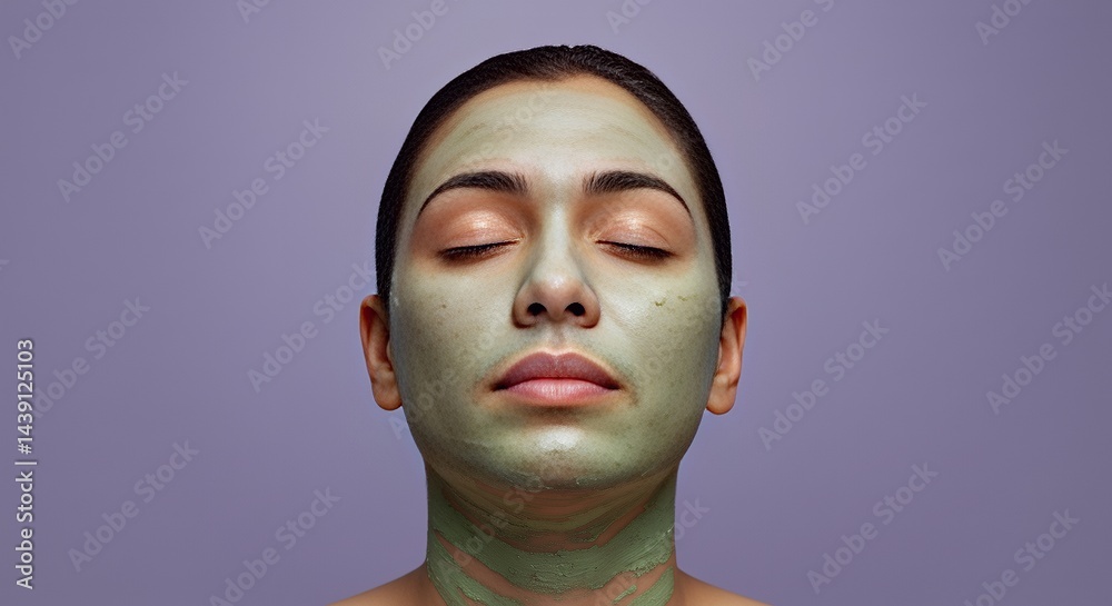 Person with Jade Clay Mask on Face with Eyes Closed Against Muted Lavender Background in Soft Diffused Light Person with Jade Clay Mask on Face with Eyes Closed Against Muted Lavender Background in Soft Diffused Light