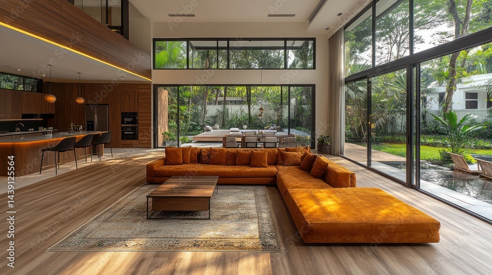 Naklejka premium Modern open-plan living area with large windows