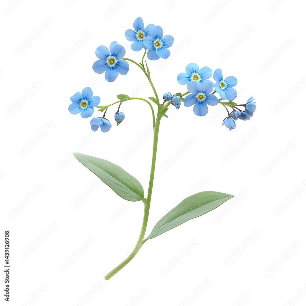 Fototapeta premium Beautiful blue flowers with delicate petals and green leaves captured in detail on a white background