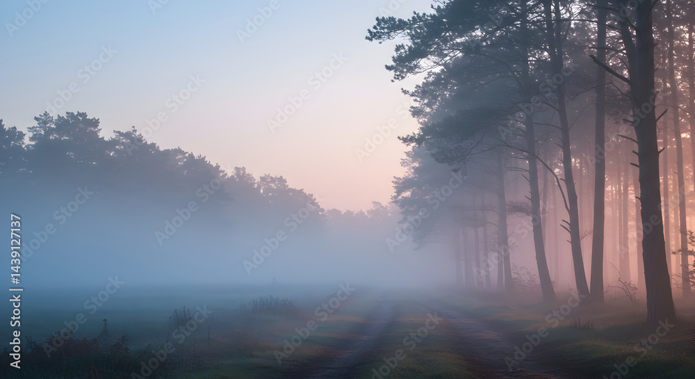 Fototapeta premium Tranquil Morning Scene Through The Foggy Forest On A Hazy Landscape