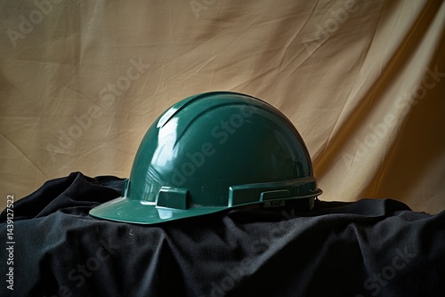 Dark teal safety helmet rests on draped fabric backdrop. photo