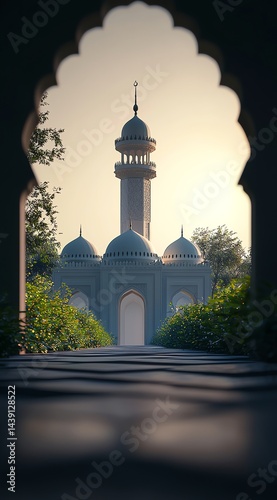 Mosque Seen Through Archway with Pathway and Lush Greenery