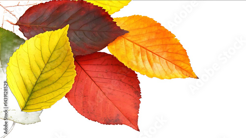 Colorful autumn leaves scattered isolated on white background photo front view variation high detail texture ultra detail midshot