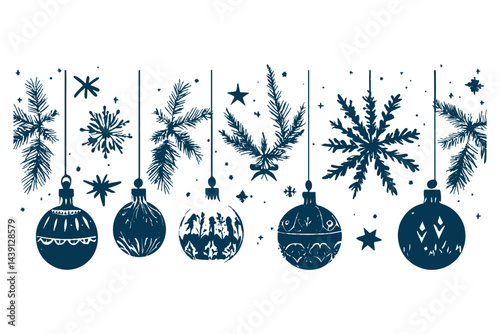 Festive christmas ornaments and branches in navy blue hand drawn style