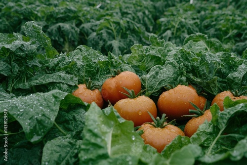 Fresh tomatoes in a green leafy field photo