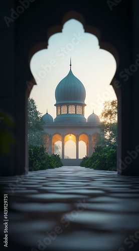 Mosque Dome Seen Through Archway at Sunrise with Cobblestone Path