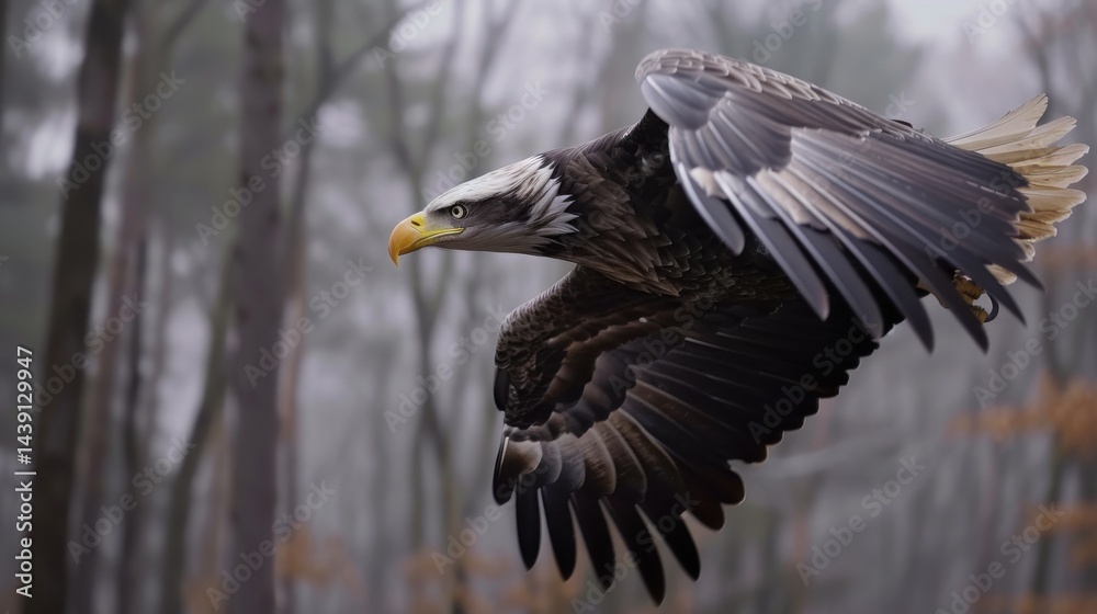 Fototapeta premium Eagle soars majestically, feathers detailed, blurred forest backdrop, 600mm lens, wildlife shot.