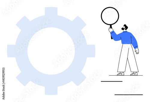 Person in blue shirt holding a magnifying glass near a large gear element. Ideal for innovation, research, strategy, teamwork, problem-solving, technology, business services, simple landing page