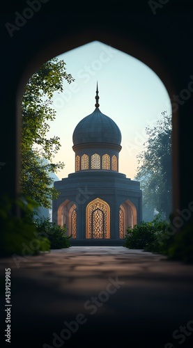 Ornate Dome Structure Seen Through Archway in a Lush Garden