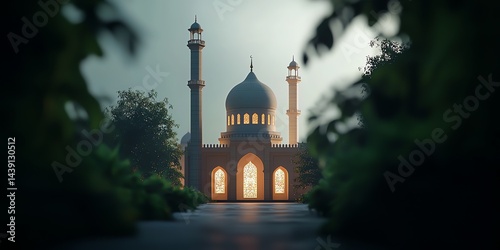 Majestic Mosque Illuminates Pathway Surrounded by Lush Greenery for Peaceful Reflection