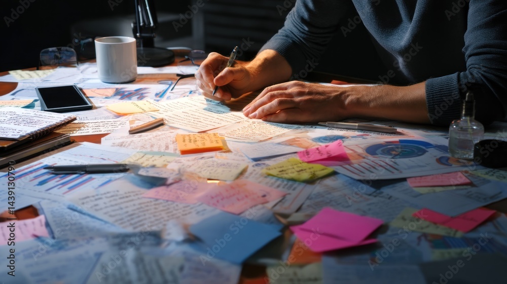 Fototapeta premium An investigative reporter focuses on checking sources and analyzing notes while working diligently on an evidence-based report amid a chaotic work environment