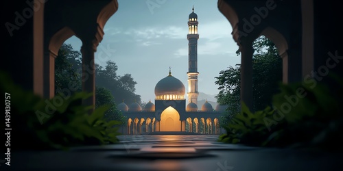 Serene Mosque View at Dusk with Glowing Lights and Stone Pathway