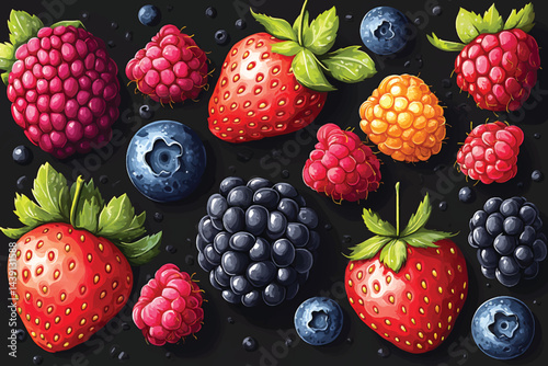 Various fresh berries composition colorful fruits on dark background vector illustration