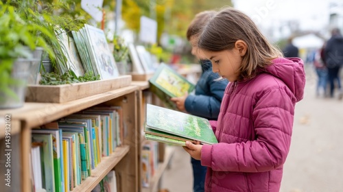 Two children explore storybooks at an outdoor library shelf set in a community garden, sharing their excitement and curiosity about the titles available