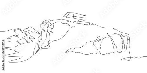 Continuous one line drawing house on a cliff.Modern house on top of a mountain.Building on a hillside.One continuous line isolated minimal illustration.Not AI.