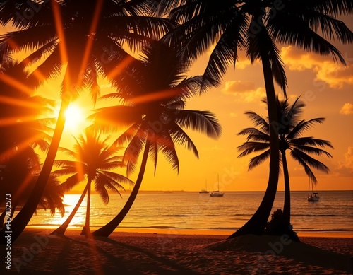 Stunning seascape depicting a pretty sunset over the ocean, where the sun's rays create a shimmering path on the water, enhancing the beauty of the tranquil beach setting.