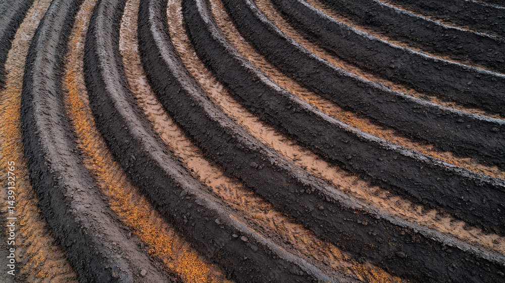 Freshly plowed farmland with curved rows, showcasing rich soil and fertilizer manure textures and patterns Freshly plowed farmland with curved rows, showcasing rich soil and fertilizer manure textures and patterns