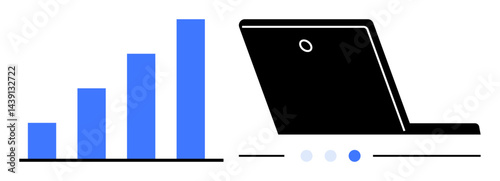Bar graph with increasing levels next to a laptop suggesting data analysis, growth, and technology integration. Ideal for business, tech, education, marketing, finance, startup simple landing page