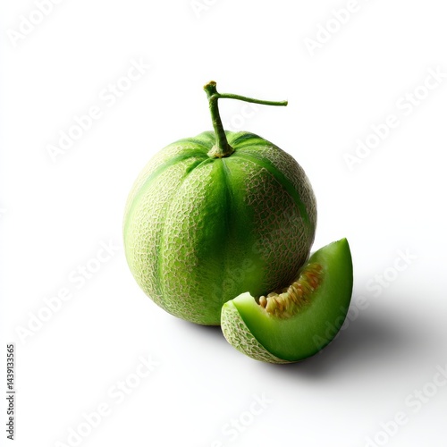 A Refreshing Slice: Studio Shot of a Green Honeydew Melon and Wedge on a Clean White Backdrop
