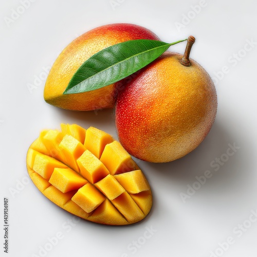 Ripe and Refreshing Mangoes: A Vibrant Still Life with Sliced Fruit, Leaf Detail, and Natural Light on White Background