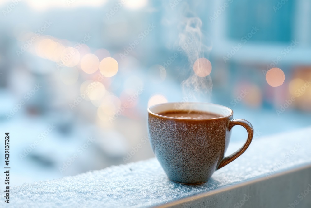 Fototapeta premium A glass cup filled with a hot drink steams gently on a balcony, surrounded by fresh snow and the soft glow of bokeh lights from the city in winter