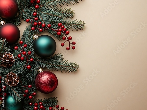Christmas ornaments and pine branches festive decor holiday season close-up view cheerful atmosphere