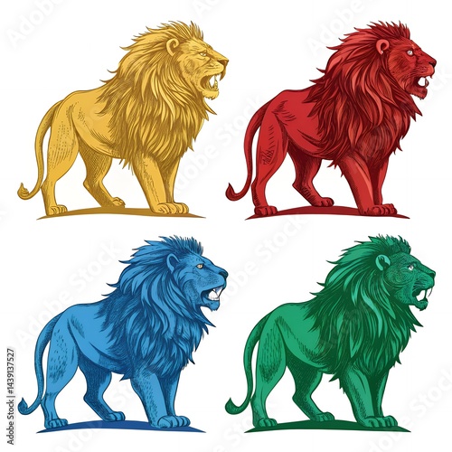 Majestic Lions Four Colorful Illustrations Wildlife Art Animal Graphics photo