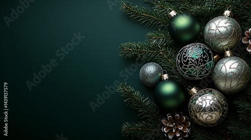 Aesthetic holiday decor close-up of festive christmas ornaments and pine branches