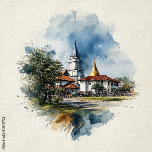 Watercolor Painting of Wat Bot, a Historical Temple in Pathum Thani, Thailand: Serene Beauty and Cultural Heritage