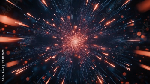 Cosmic Explosion: A mesmerizing display of celestial energy unfolds, as vibrant orange and blue particles radiate outwards from a central point, creating a dynamic and awe-inspiring illustration.