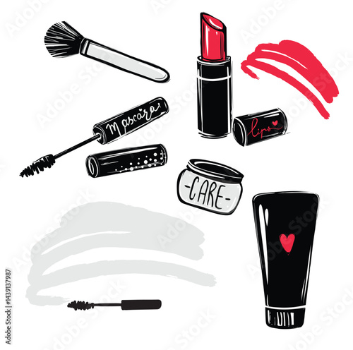 Vector illustration female make up set silhouette isolated on white background
