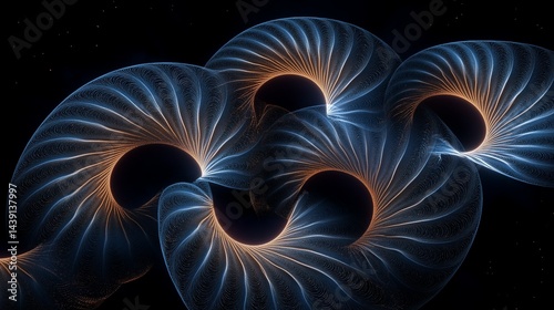 Abstract Spiral Geometry: An ethereal depiction of interconnected spiral forms, rendered in captivating shades of blue and orange, evokes a sense of dynamic movement and intricate design.