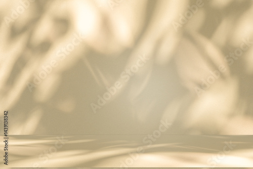 Wall interior background, studio and backdrops show products. with leaf shadow from window color beige and white. background for text insertion and presentation of product	