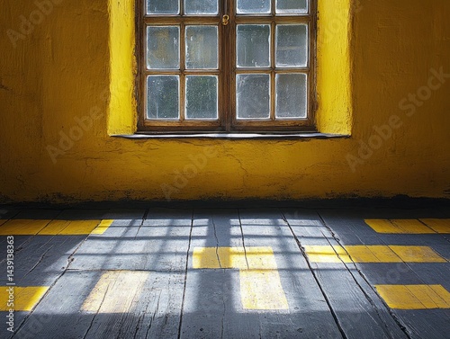Rustic yellow wall and window cast shadows on a dark wooden floor. Ideal for backgrounds, textures, and creative design concepts.
