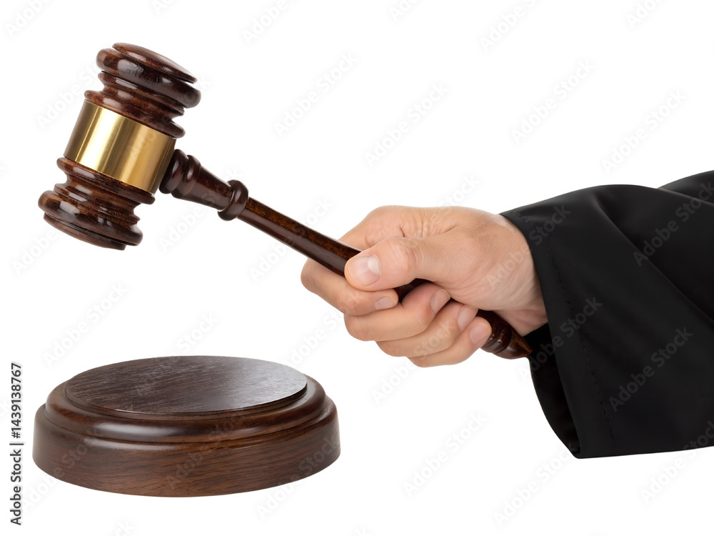 Judge's Gavel with Hand in Courtroom Isolate on transparent background cutout, PNG file, Cutout file
