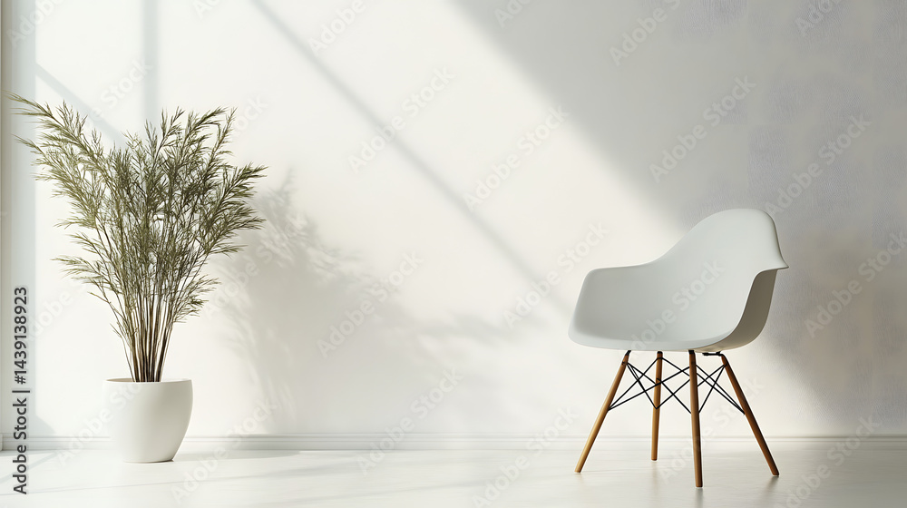 Serene indoor plant display with modern chair minimalist studio photography bright atmosphere side view Serene indoor plant display with modern chair minimalist studio photography bright atmosphere side view