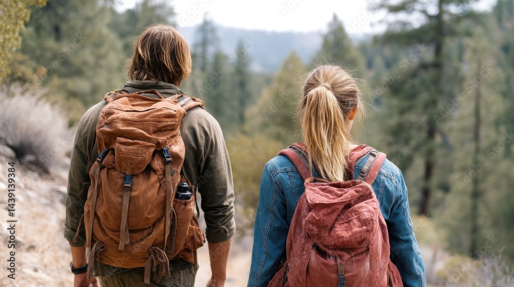 Couple enjoys a hike in bear territory, backpacks equipped with spray, showcasing their alertness and preparedness. Surrounded by scenic wilderness, they embrace the adventure Couple enjoys a hike in bear territory, backpacks equipped with spray, showcasing their alertness and preparedness. Surrounded by scenic wilderness, they embrace the adventure