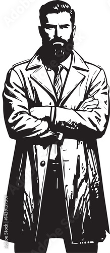 A hand-drawn vector sketch illustration depicts men, one with a sword and another with a gun