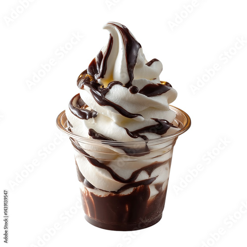 Soft serve vanilla ice cream with chocolate syrup in plastic cup, isolated on clear background --v 7.0